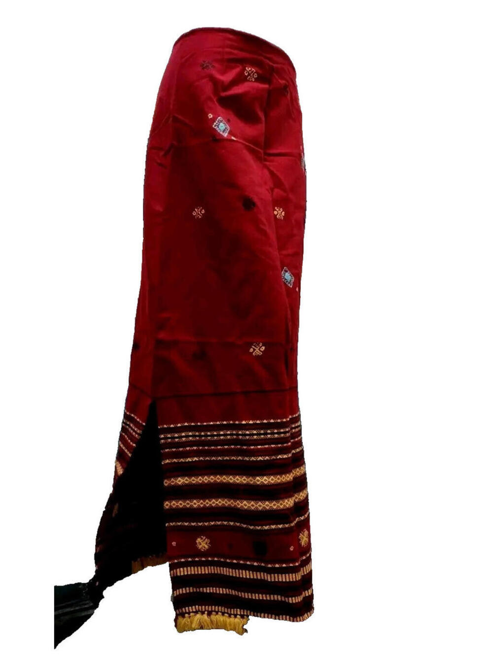 FREE PEOPLE FP 90s Vintage Long Skirt Burgundy Ethnic Embroidery Tassels S/M 5/6